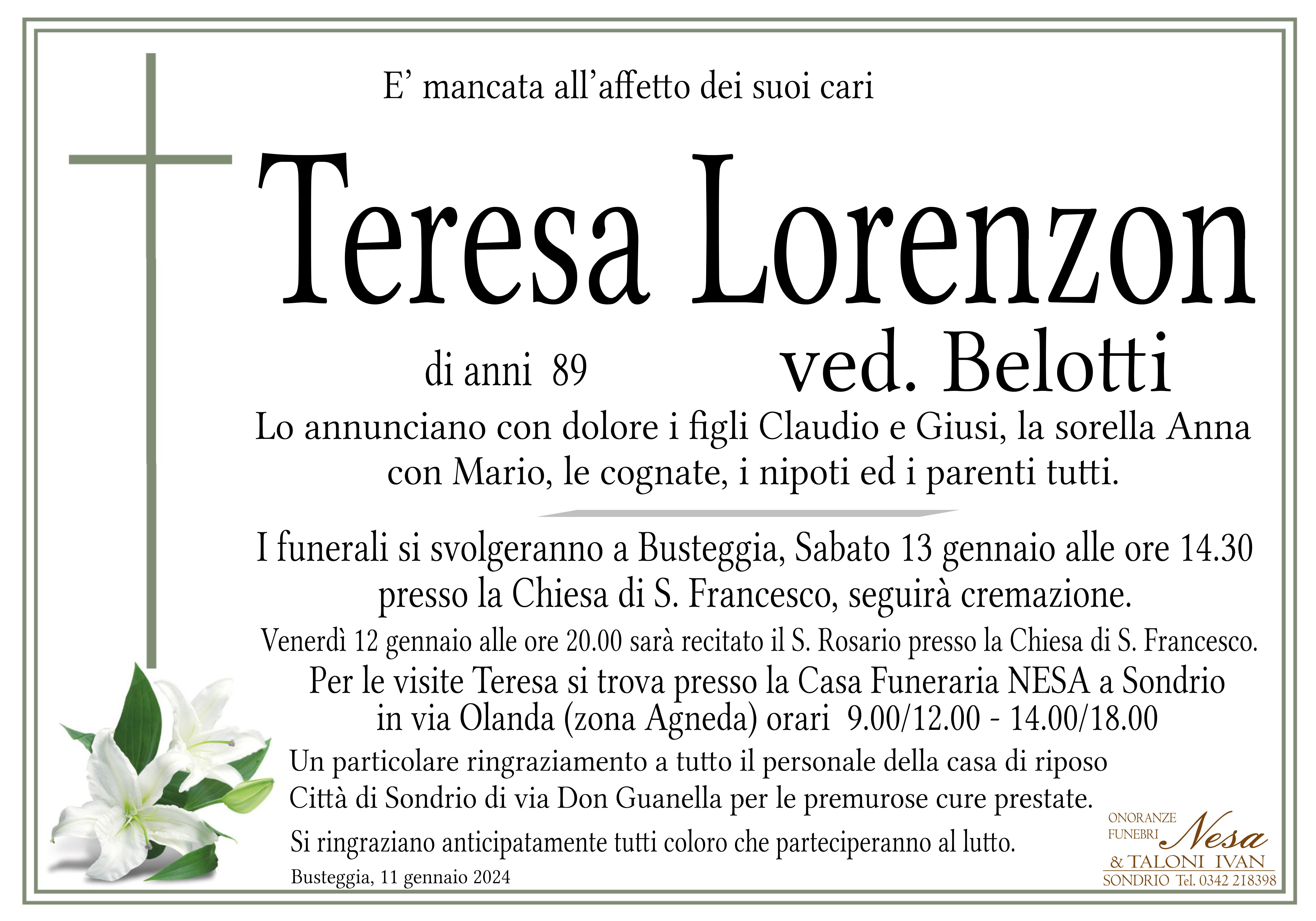 Necrologio Teresa Lorenzon ved. Belotti